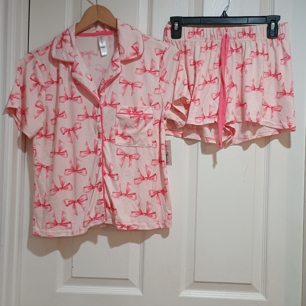 Women's French Affairs Light Pink Dark Pink Bow Print Pajama Set Size Small